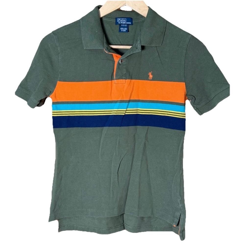 Polo Ralph Lauren Polo Shirt Youth Knit Striped Colorblock Green Large 10-12